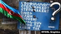 ფოტოილუსტრაცია: დაცხრილული საგზაო ნიშანი მთიანი ყარაბაღის დასახლებული პუნქტების ჩამონათვალით, აზერბაიჯანის დროშის ფონზე.