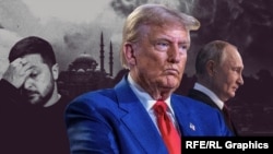 Владимир Зеленский, Дональд Трамп, Владимир Путин (слева направо). Коллаж