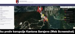 Karta lokacija na planini Bjelašnici, na kojima je šuma nezakonito posječena.