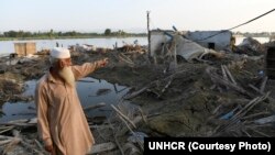 يو افغان کډوال په نوښار کې د ملګرو ملتونو کډولو ادارې کارکوونکو ته په سیلاب کې وران شوی خپل کور ښيي (انځور د اګست د ۳۱مې دی) 