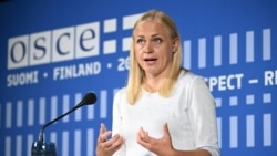 Голова ОБСЄ, міністрка закордонних справ Фінляндії Еліна Валтонен виступає на конференції ОБСЄ «Гельсінкі+50» у Гельсінкі, Фінляндія, 31 липня 2025 року