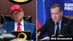 Președintele american Donald Trump și fostul președinte rus Dmitri Medvedev, vicepreședinte al Consiliului de Securitate de la Kremlin. 