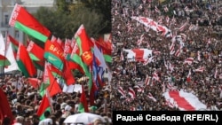 Акцыя ў падтрымку Лукашэнкі і акцыя пратэсту супраць фальшывых выбараў 2020 году. Каляж