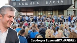 Кметът на Варна Благомир Коцев на фона на протест срещу ареста му. Колаж на Свободна Европа.