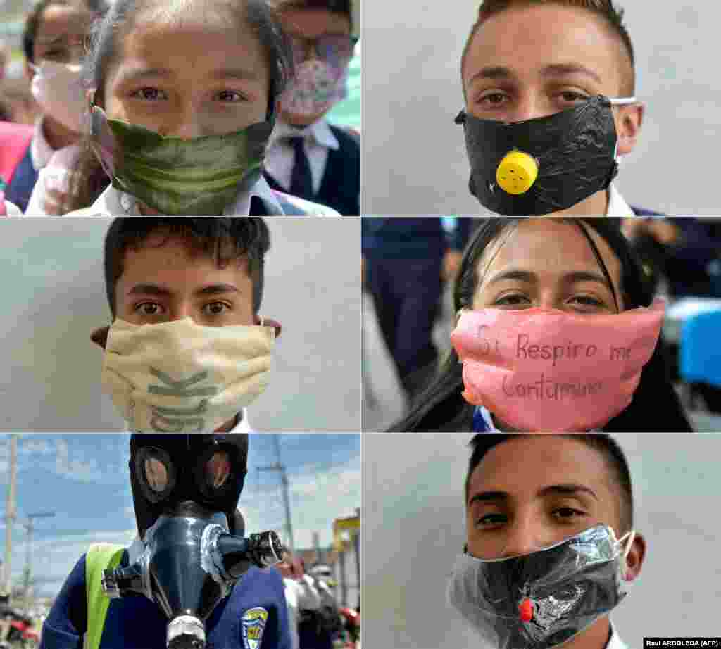 Studenti iz škole Julije Cezar Turbej iz grada Soača u Kolumbiji nose maske koje su sami napravili od recikliranog i biorazgradivog materijala. Nose ih radi zaštite, ali i kao simbol protesta zbog nestašice maski u apotekama. 