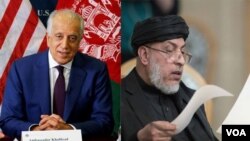 (راست) شیر محمد عباس ستانکزی رئیس هیئت مذاکره کنندۀ طالبان در مسکو (چپ) زلمی خلیل‌زاد نمایندۀ خاص وزارت خارجه امریکا برای صلح افغانستان